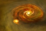 Objeveny vznikající masivní dvojhvězdy – dvě složky se choulí blízko sebe