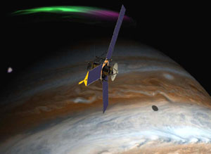 Sonda Juno nad povrchem planety Jupiter - kresba.